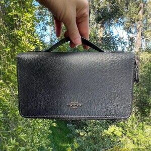 COACH Double Zip-Around Travel & Phone Wallet BLUE Leather w Gunmetal Hardware